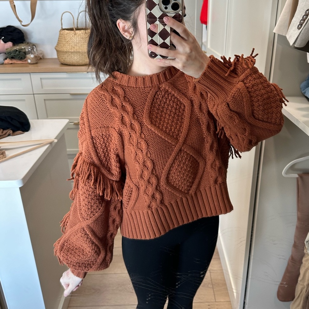Anthropologie Line and Dot Cropped Fringe Sweater